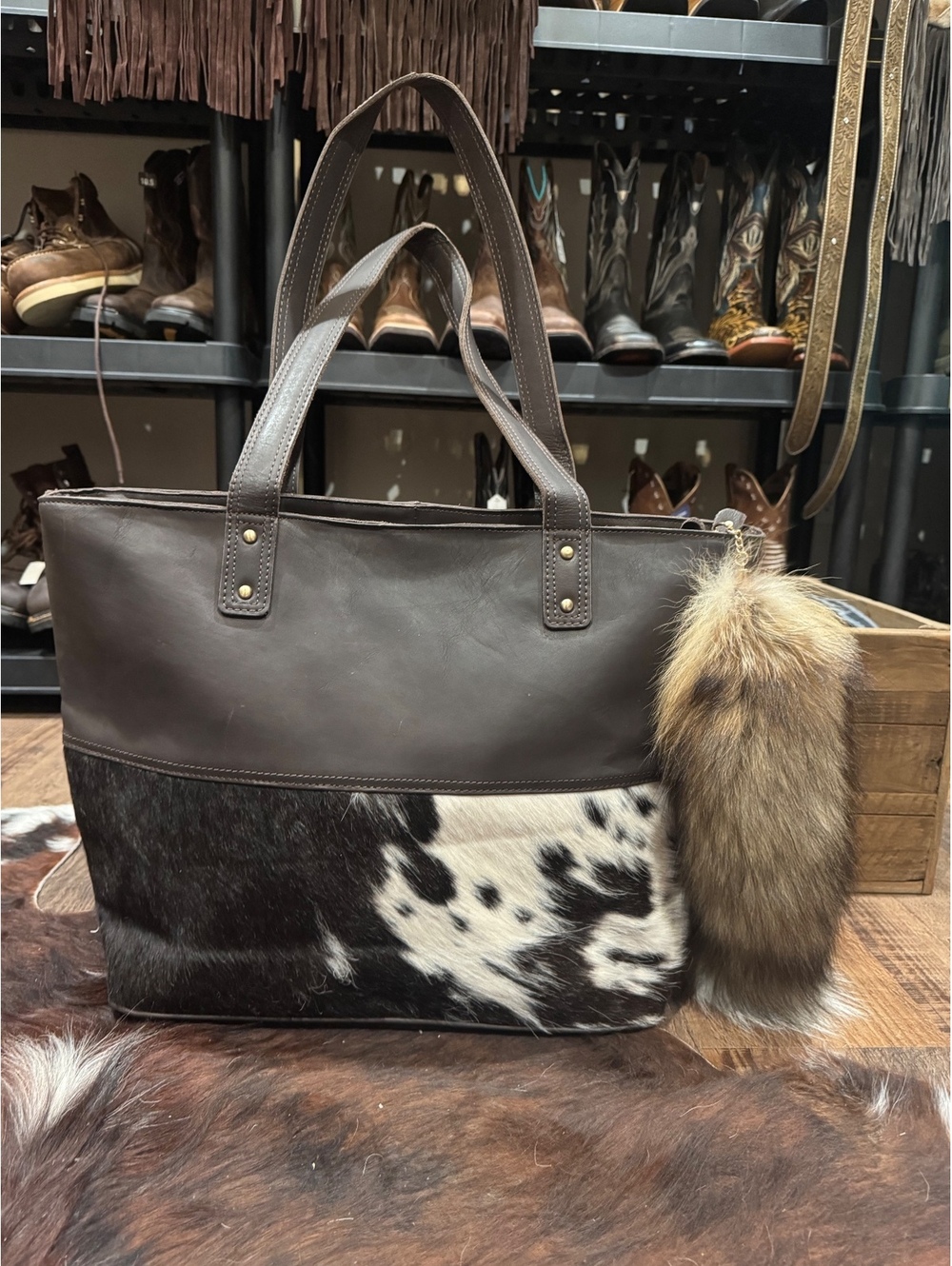 NEW Western Leather Tote with Added Tail Charm — Approx. 19” W × 15” H